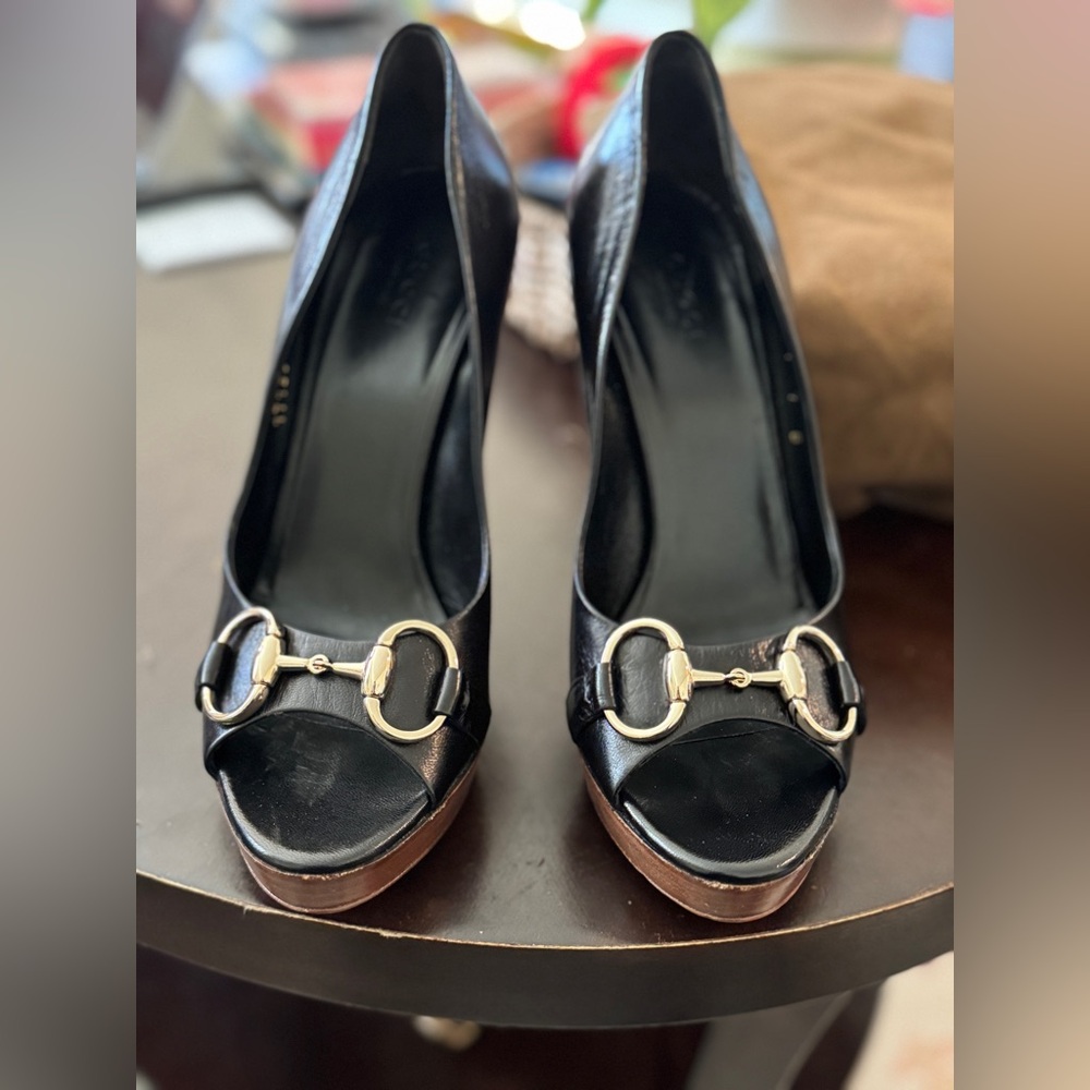 Authentic Gucci Peep-toe Pumps with Horsebit Detail